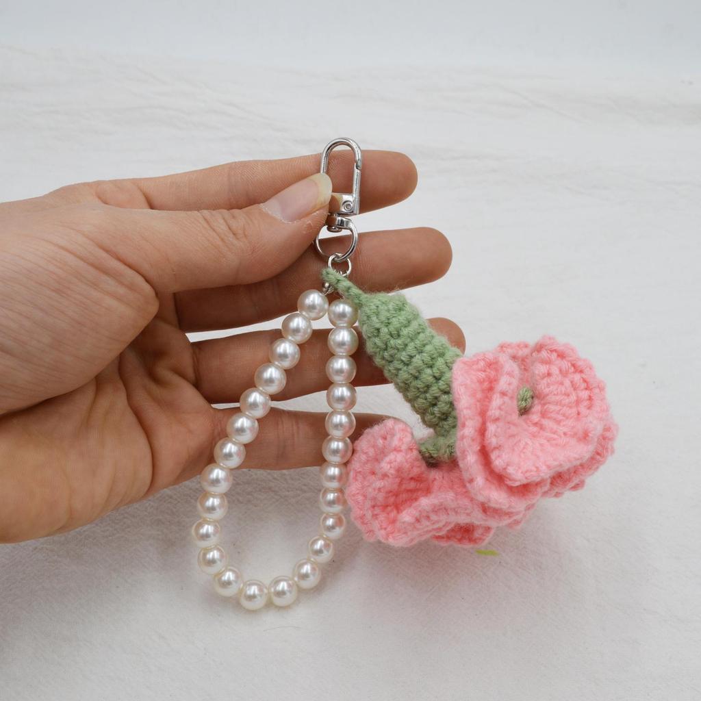 Korean-Style Pearl Chain Crochet Carnation Keychain - Mother's Day Gift Accessory