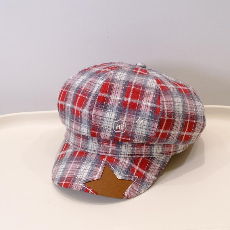 Octagonal hat women's autumn and winter new retro plaid newsboy duck tongue beret alphabet embroidery painter hat