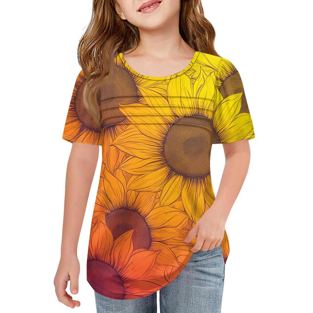 Детские футболки-складки, летние футболки с короткими рукавами и круглым воротником, с принтом цветов, пальто для отдыха