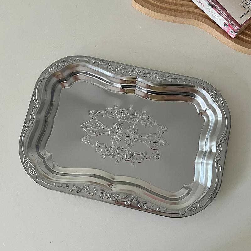 Винтажный поднос из нержавеющей стали, сервировочные подносы с цветочным тиснением для десерта, прямоугольная тарелка для хранения ювелирных изделий, инструмент для украшения дома