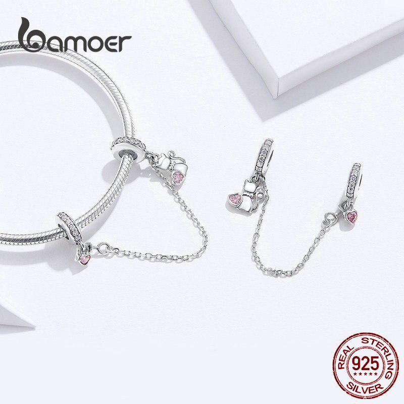 BAMOER 925 Stelring Silver Защитная цепочка Kitty Cat Четырехлистный клевер Подвеска подходит для оригинального браслета Ювелирные изделия