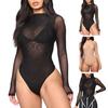 Women Bodysuit Long Sleeve See-through Mesh Skinny Slim Fit Elastic Solid Color Soft Breathable Half-high Collar Thin Chemise Female Playsuit
