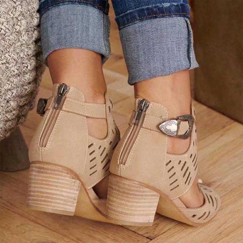 Hollow Fish Mouth Zipper Chunky Heel Women's Casual Sandals