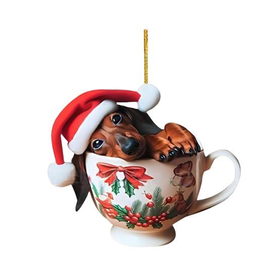 Рождественское украшение такса Щенок в кружке Украшение на рождественскую елку 2D акрил Такса Подвесной декор Подарки для любителей собак