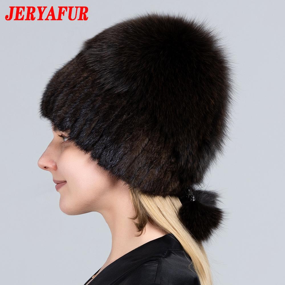 JERYAFUR Женская зимняя меховая шапка из натурального меха, вязаная меховая шапка с помпоном из норки и лисы с шариками, стильная теплая модная шапка для девочек, шапка
