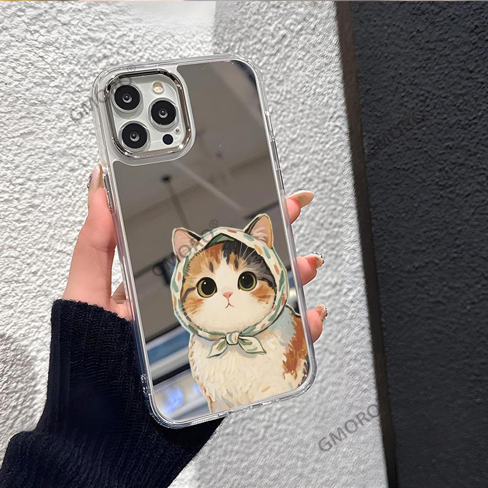 Студенты применяют iPhone14/15plus милый чехол для телефона с зеркалом в виде кошки Apple 16Pro зеркало для макияжа для девушек