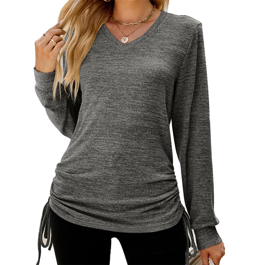 Осень-зима, однотонная плиссированная свободная футболка с длинными рукавами и v-образным вырезом, топ с завязками сбоку для женщин
