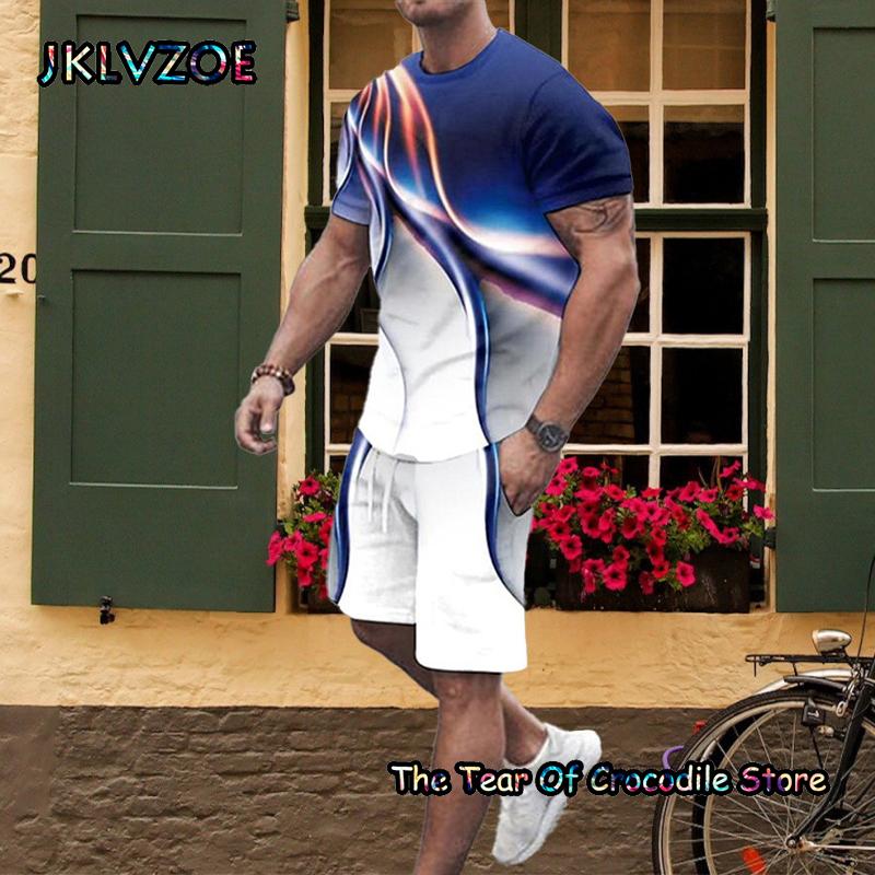 Новые модные летние мужские комплекты для бега, футболка с короткими рукавами, шорты, мужской спортивный костюм, толстовка с 3D принтом и забавным лицом, одежда