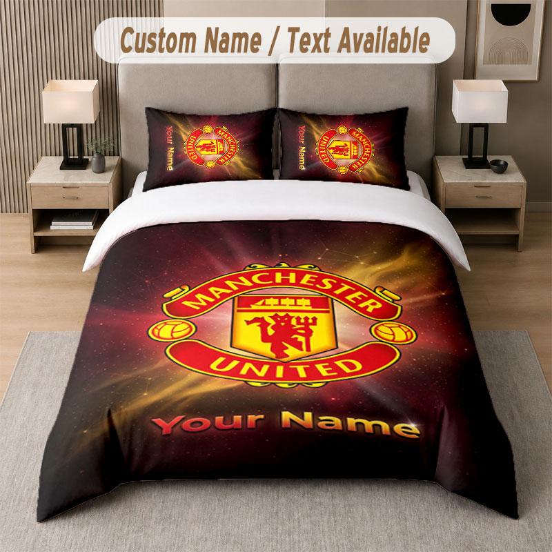Custom Bedding Set Manchester United Pattern, Print Name Text 1 Duvet Cover plus 2 Pillowcases Home Textile