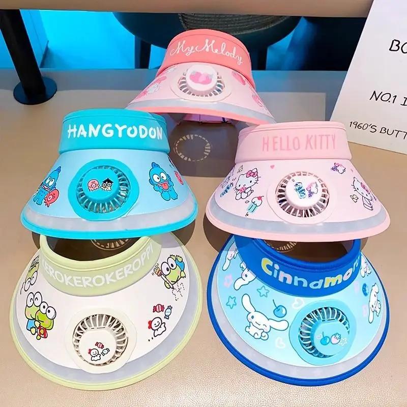 Hello Kitty Kuromi My melody Pochacco summer children's multifunctional sun protection hat with fan and sunshade large brim