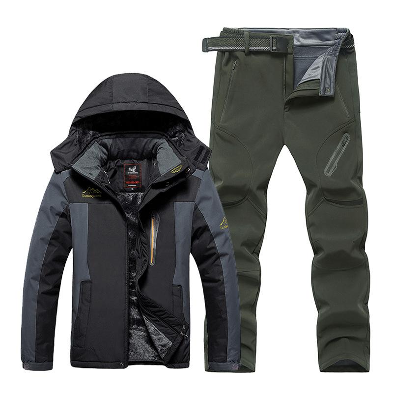 Plus Size 9XL Outdoor Jacket Pants Suit Men's Winter Plus Velvet Thickened Mountaineering Suit Jacket Pants Including Belt Suit
