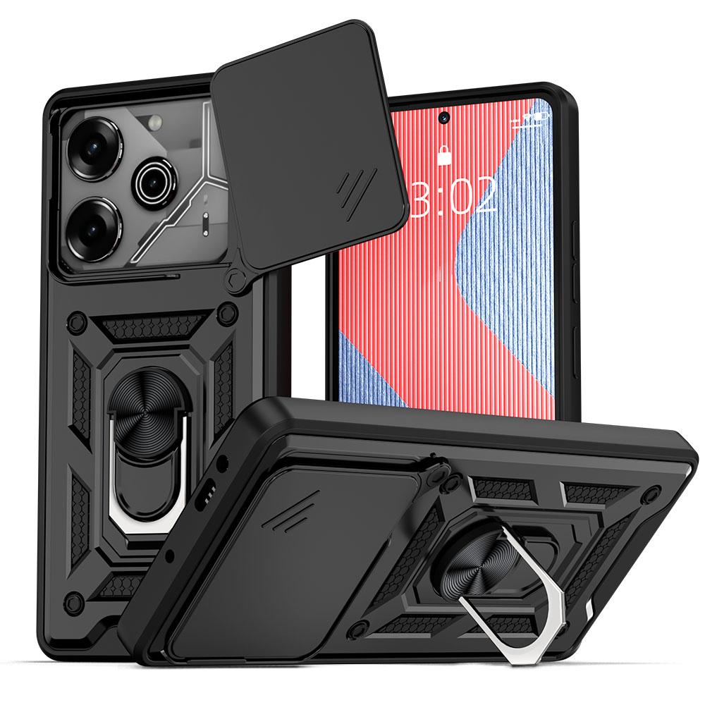 KEYSION Shockproof Armor Case for TECNO Pova 6 Pro 5G Slide Camera Lens Protection Metal Ring Stand Phone Cover for POVA 6 Neo