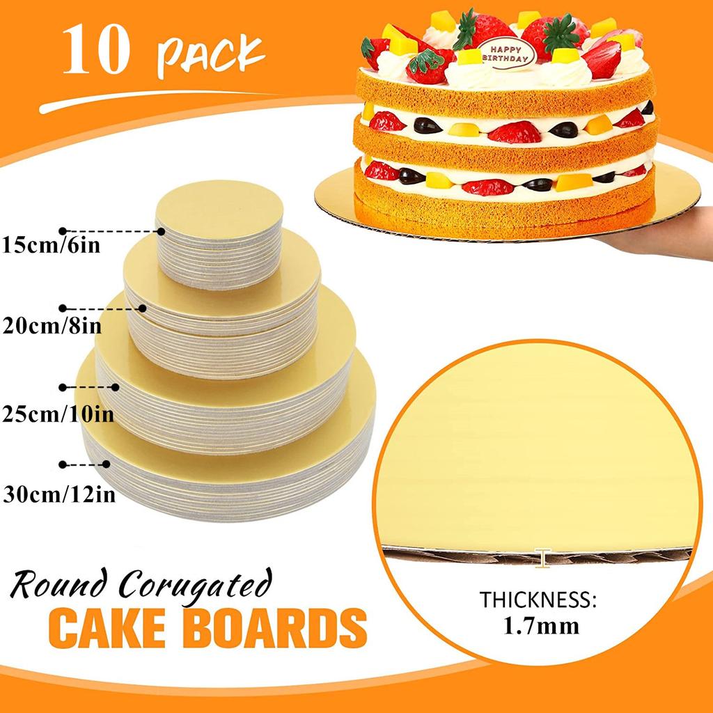 10Pcs Gold Cake Boards Sturdy Large Round Cardboard Base Diameter 6/8/10/12in Circle Mousse Plate Dessert Tray Cake Decorating