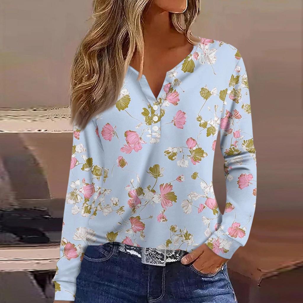 Women's T Shirt Tee Button Long Sleeve Daily Weekend Fashion Basic V- Neck Regular Top