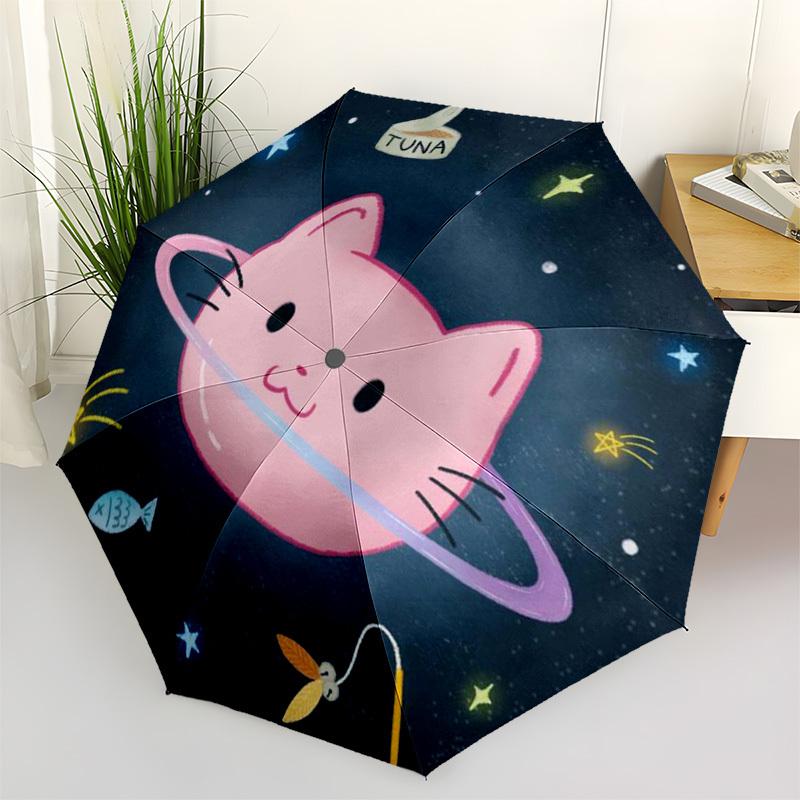 1pc Space Cat with Rings and Stars Umbrella with Plastic Handle,Suitable for All Seasons Home Travel Outdoor Umbrellaptys31081