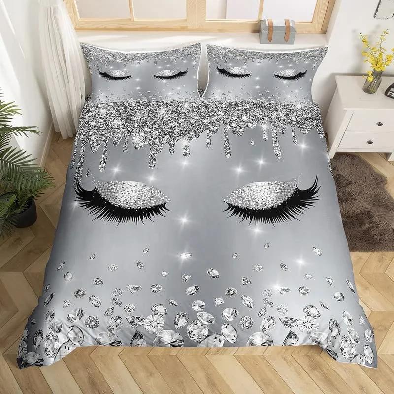 Eyelash Duvet Cover Set Eyes Pattern Design Comforter Cover Microfiber Girly Priness Style Glitter Twin King Queen Bedding Set