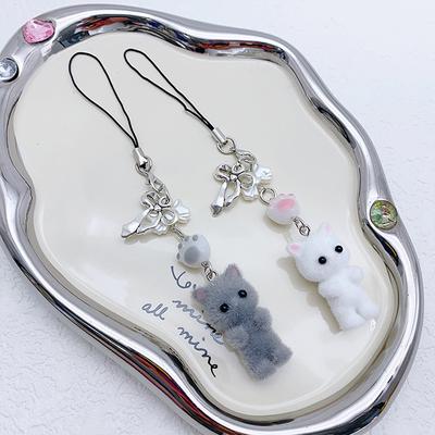 Kawaii Flocking Cat Подвеска для телефона Шнурки Y2K Милый бант Котенок Телефонная цепочка Корейский мобильный телефон Брелок Подарок для девочки