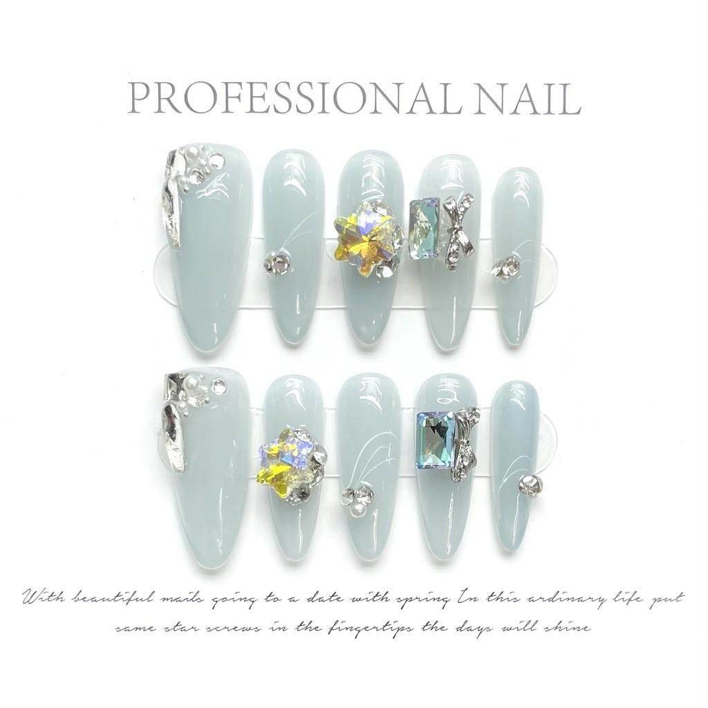 HANDMADE Long Water Drops Shape Artificial Nail Gentle Luxurious Hollow French High-end Light Blue Fine Sparkling Gemstones Phototherapy Nail