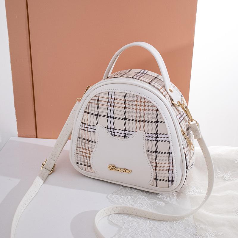 Fashion Women Checkered Cat Half Round Shoulder Messenger Bag