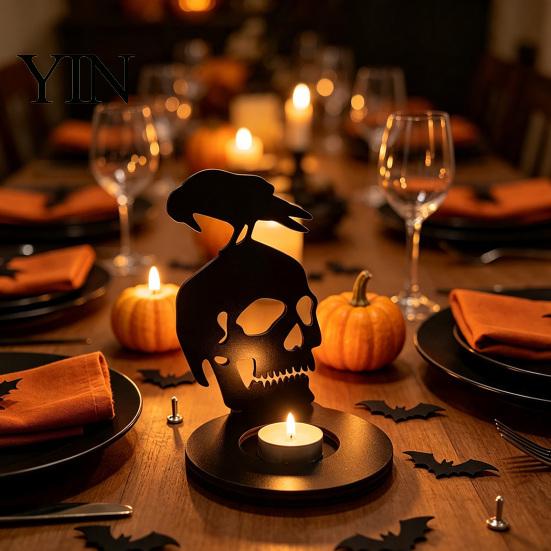 Decorative Silhouette Figurine Halloween Shadow Candle Holder, Spooky Ghost Skull Candlestick Decoration, Tealight Stand Vintage Wooden Tea Light for