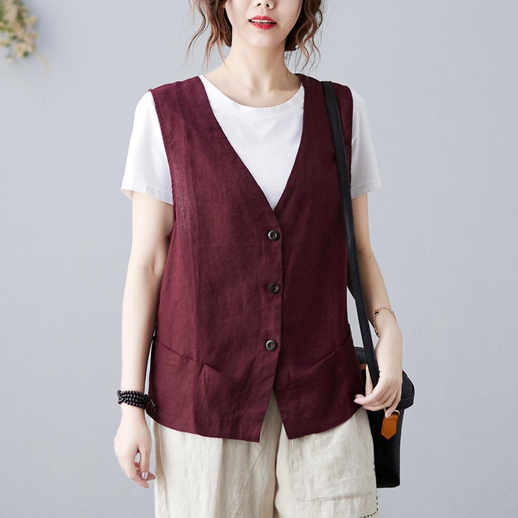 Retro Linen Vest For Women Loose And Versatile Sleeveless Casual Slim Vest Solid Color Waistcoat Cotton And Linen Short Jacket
