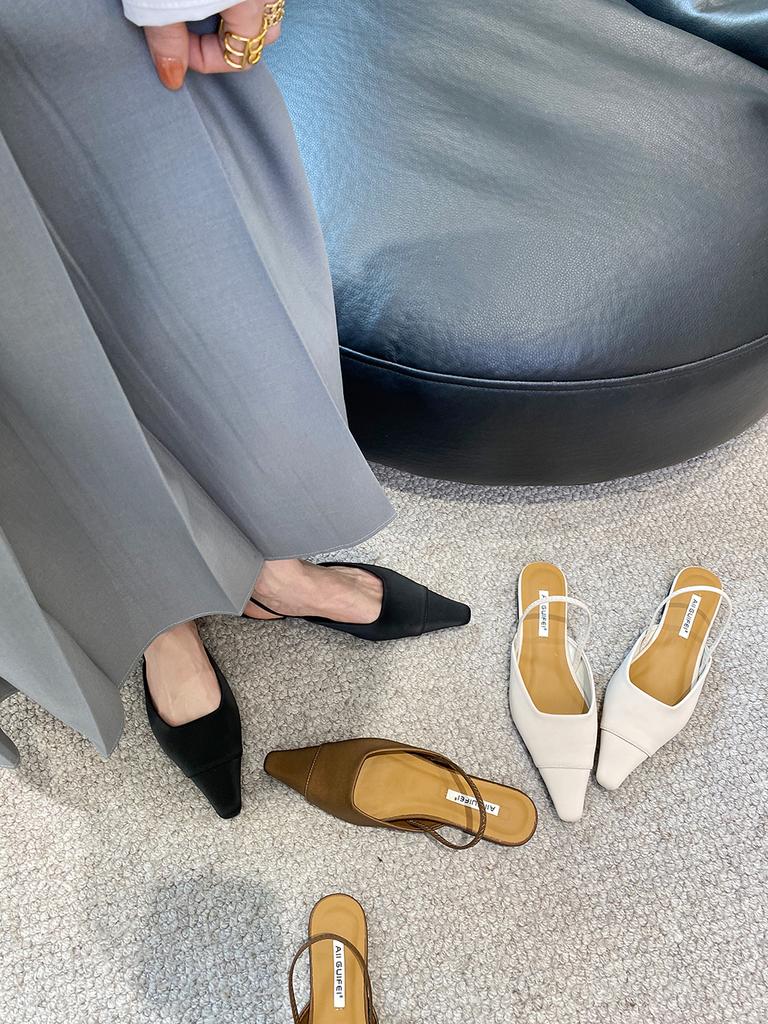 Мода Модные женские босоножки с острым носком Туфли на плоской подошве на низком каблуке бежевые коричневые черные с ремешком сзади Летние уличные туфли-мюли для женщин 39