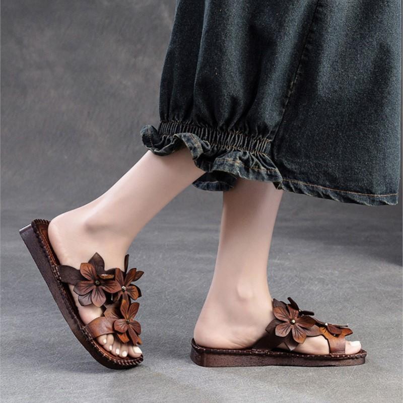 Johnature Дышащие тапочки из натуральной кожи на мягкой подошве на плоской подошве, шлепанцы с цветами в этническом стиле, универсальная женская обувь