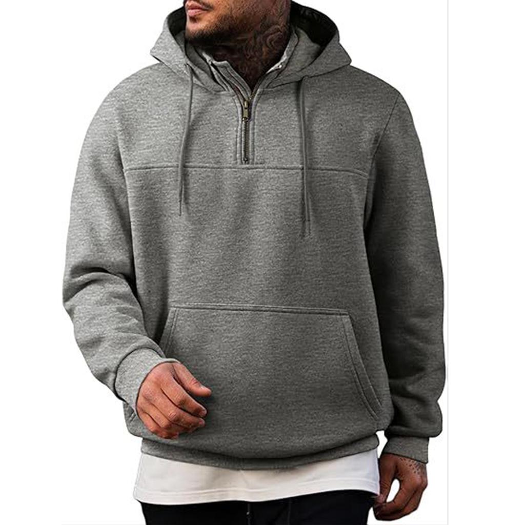 Men's Casual Solid-color Hooded Long-sleeved Pocket Sweatshirt , Men's Fleece And Thickened Warm Semi-zippered Sweatshirt Jacket