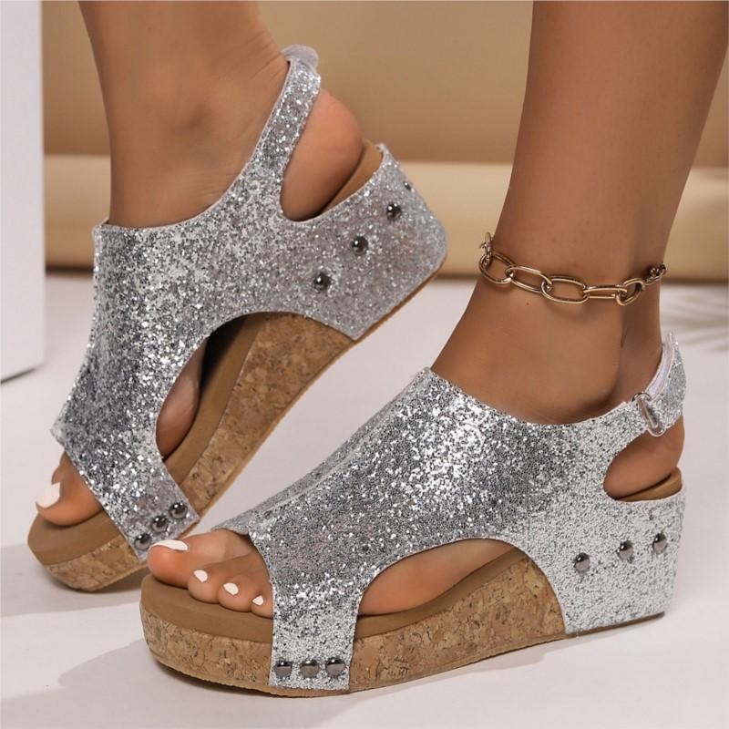 Римские сандалии с пайетками женские весенне-летние новые босоножки на танкетке больших размеров популярные женские босоножки P453