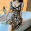 Sexy Lace Leopard Print V-neck Thin Ice Silk Slim Suspender Nightdress Temperament Lace Dress
