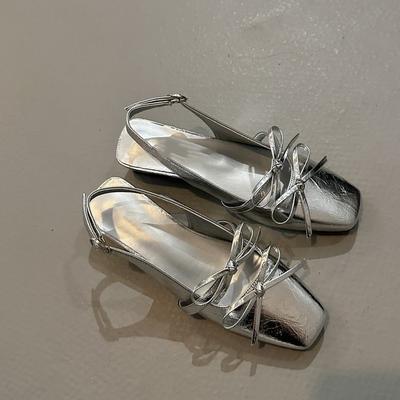 25 ретро квадратный носок сумка-бант головные сандалии толстый каблук задний ремешок мелкий вырез одинарная обувь женская