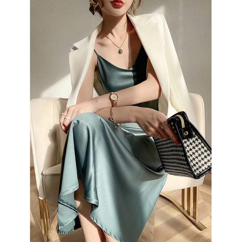 Demana Elegant Glossy Satin V-Neck Midi Slip Dress