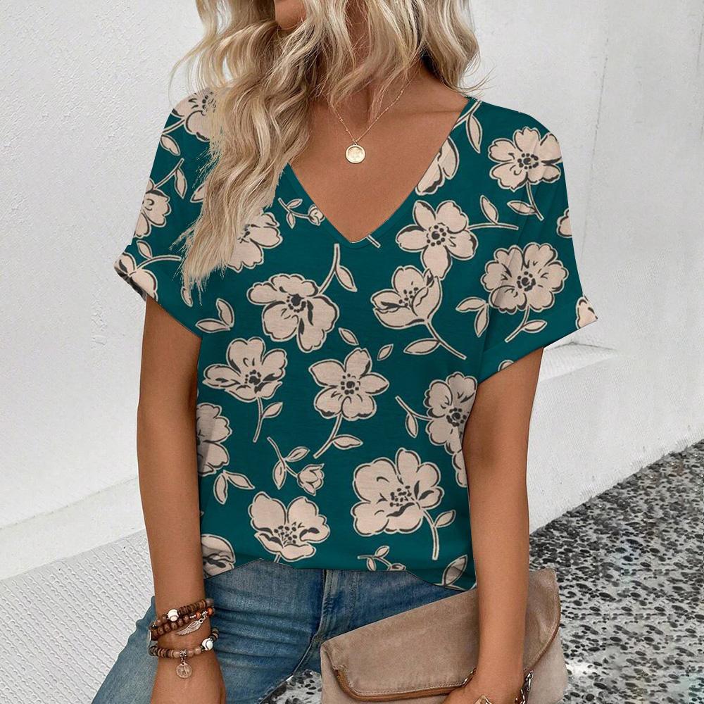 Женская футболка с коротким рукавом и V-образным вырезом Футболка с цветочным принтом в стиле ретро Модная футболка с коротким рукавом Летняя женская футболка для отдыха