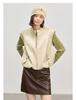 Qianwen PU leather jacket, vest texture, sleeveless drawstring hem, round neck jacket