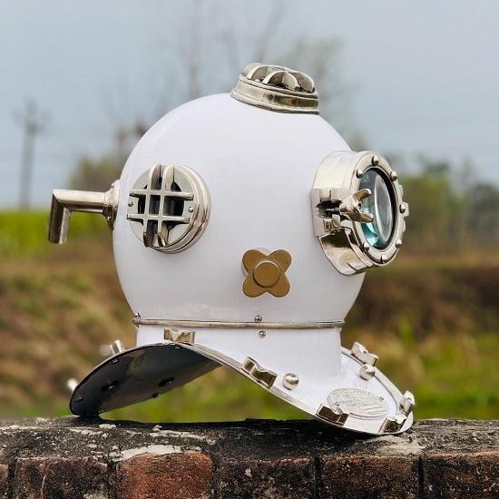 White Marine Diving  Deep Sea Scuba Diver  with Wooden Base Nautical Boston Diving Maritime Decor  Gift