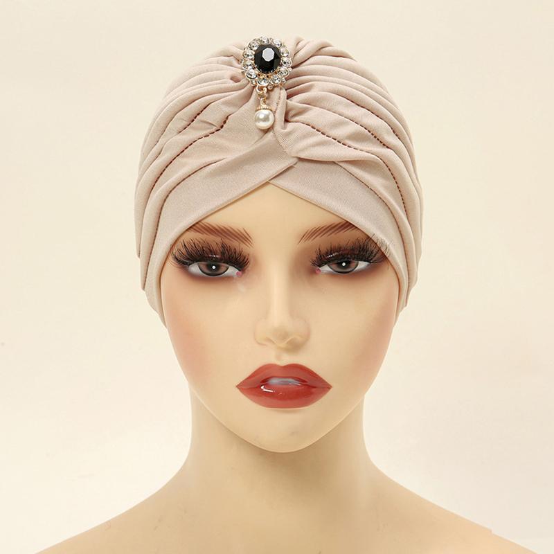 1PC Sunscreen Hijab Summer Breathable India Cap Retro Muslim Headscarf Fashion Turban Hat Sparkling Rhinestone Solid Color