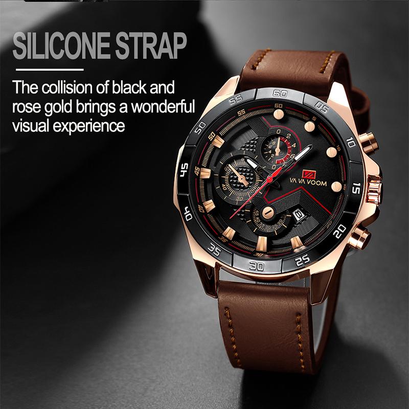 VA VA VOOM Спортивные часы для мужчин, модные кварцевые часы, лучший бренд класса люкс в стиле милитари, водонепроницаемые наручные часы из нержавеющей стали с хронографом и кожаным ремешком
