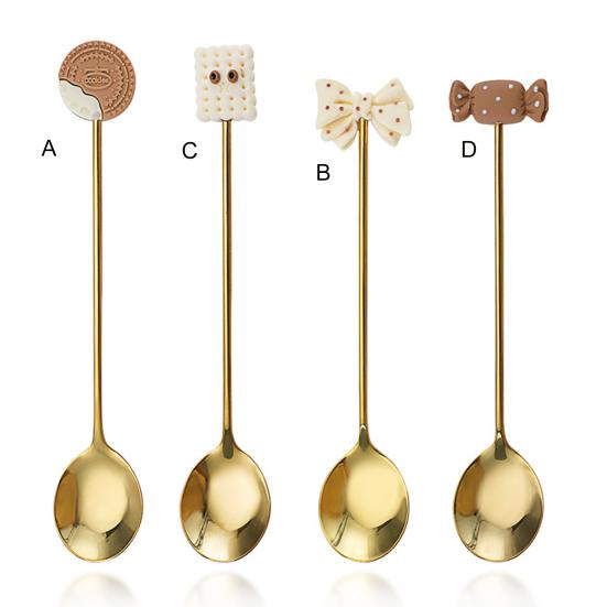 Десертная ложка с длинной ручкой, пищевая нержавеющая сталь, милый дизайн с бантом для печенья, ложка для перемешивания кофе