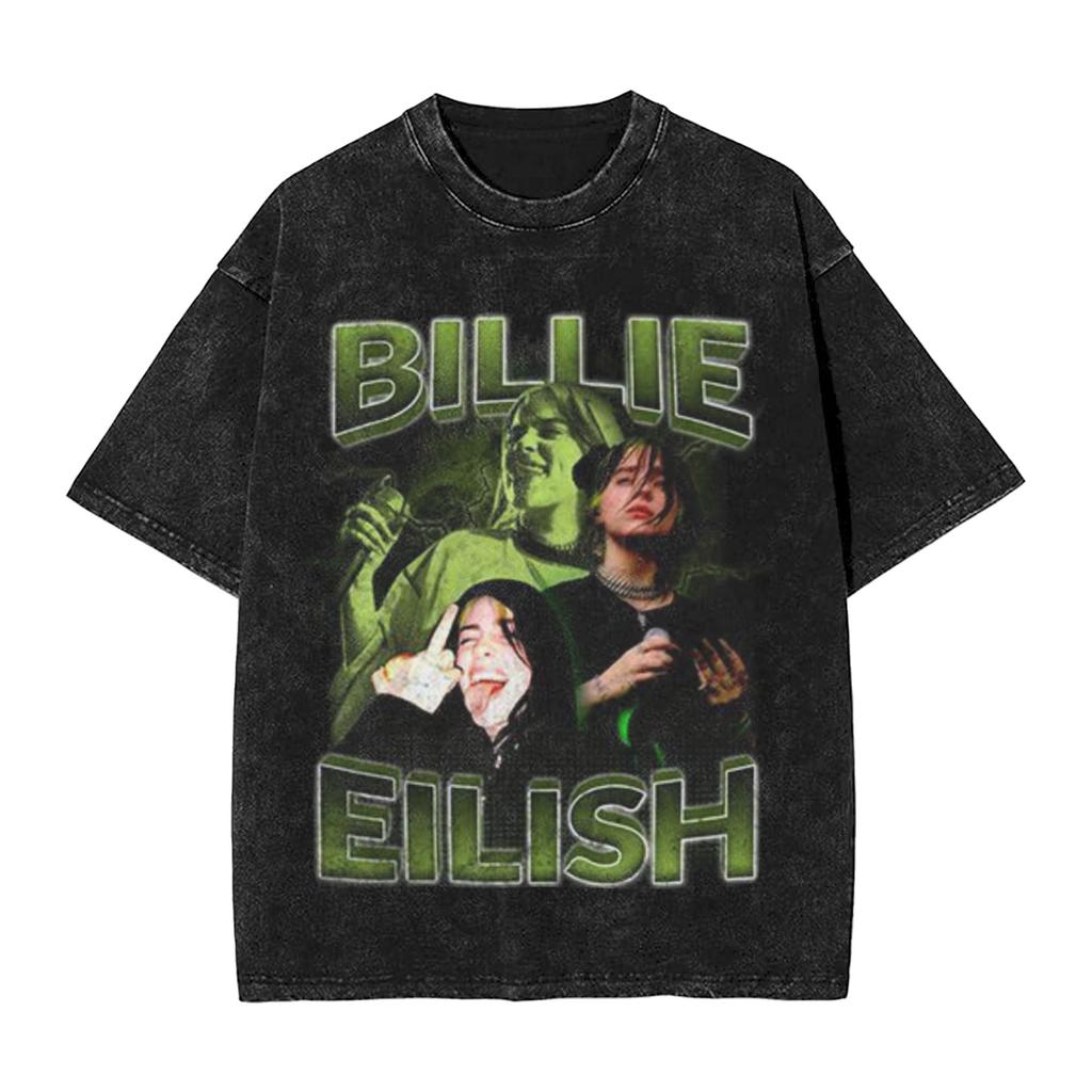 Singer BBillieGirl Eeilish Music Vintage Washed T Shirt Unisex Cotton Clothes Printed Round Neck Short Sleeve