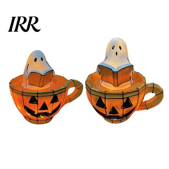 Ghost Pumpkin Lamp Reading Book Lamp, Stained Glass Style Halloween Night Light, Resin Spooky Bedside Light for Bedroom, Living Room, Party,