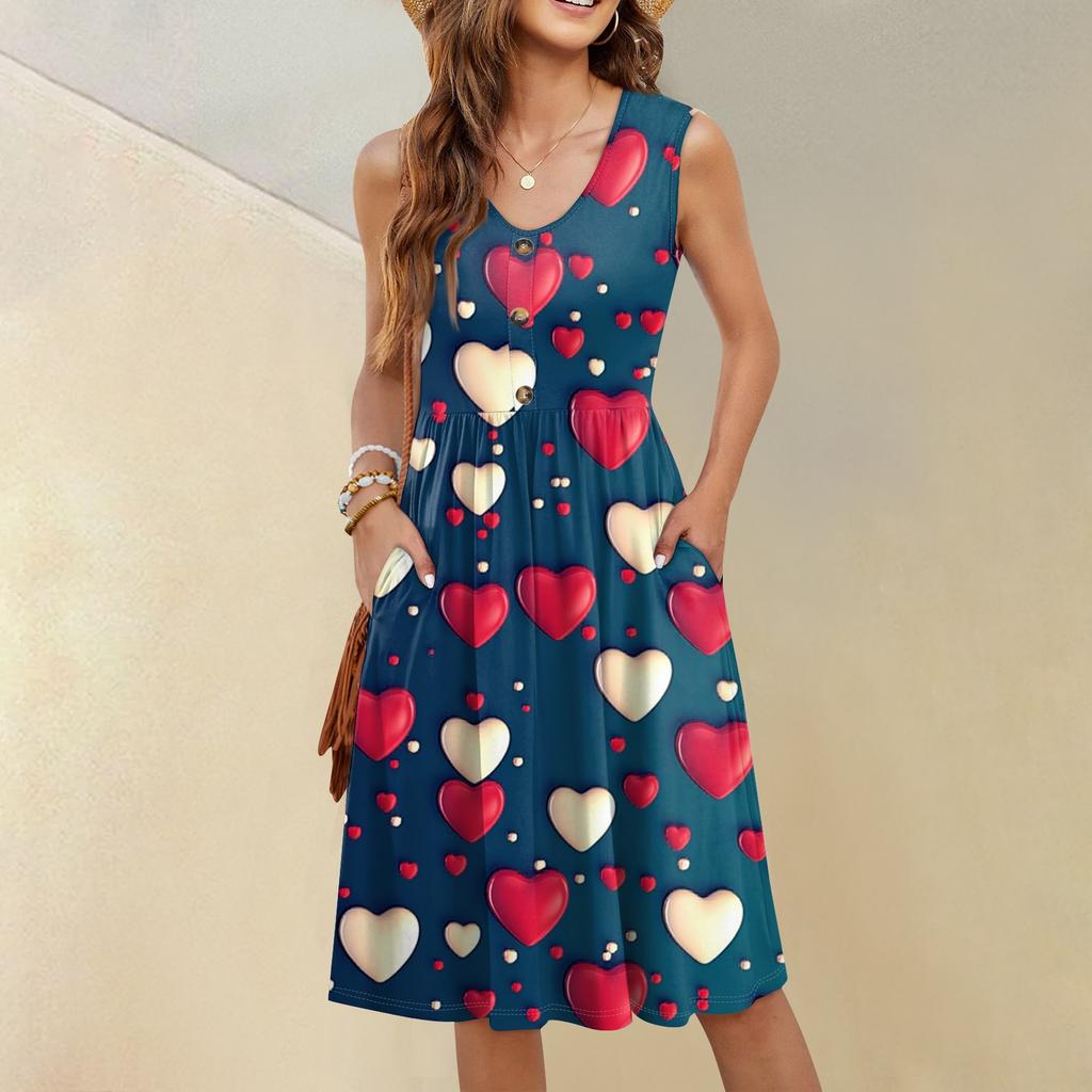 Женское повседневное модное сексуальное платье с V-образным вырезом и пуговицами без рукавов с принтом