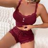 New Sexy Underwear Sleepwear Sets 2 Pieces Pajamas Button Cropped Lace Tops High Elastic Waist Skinny Shorts Suits Homewear