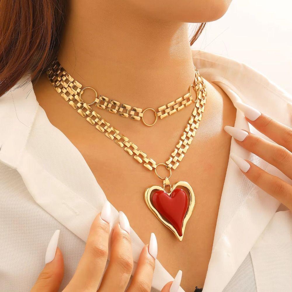 Chunky Chain Statement Necklace Gold Color Heart Pendant Necklace Earrings Jewelry Set Casual Wear