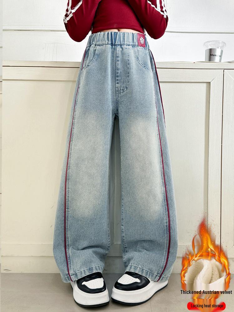 Девичьи джинсы широкого кроя на флисовой подкладке для осени и зимы