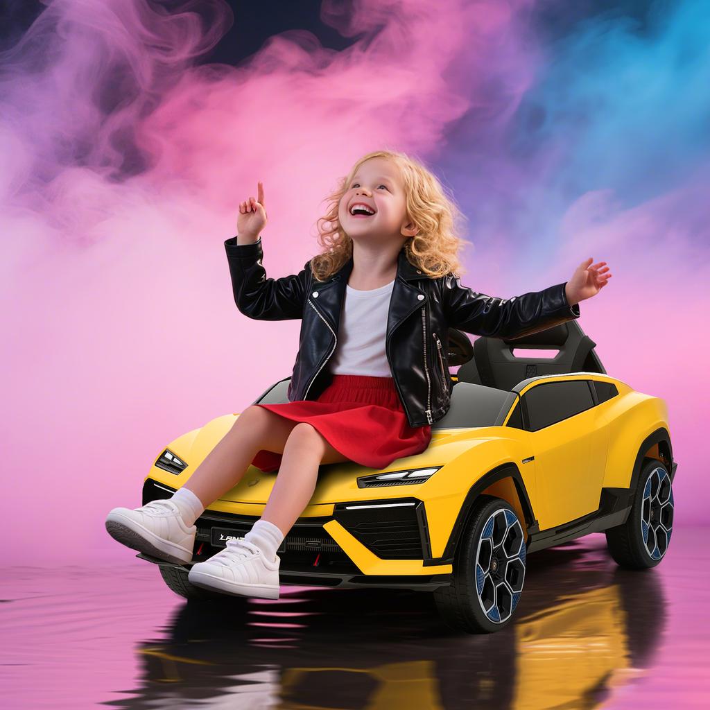 Kids' Electric Car 12V Kids' Car with 2.4 GHz Remote Control, 2 Motors, Horn, LED, Music, 101.5 x 49 x 43 cm, Yellow