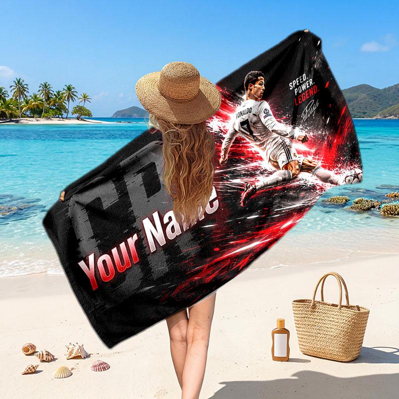 Cristiano Ronaldo Custom Beach Towel, Personalized Name Text Print, Football Logo Soft Quick‑Dry Towel Holiday Gift