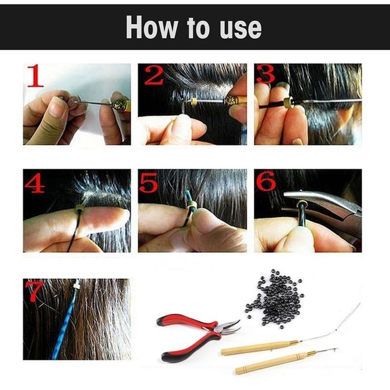Hair Extension Kit Pliers Pulling Hook Bead Device Tool Kits with 500pcs Silicone Rings LS