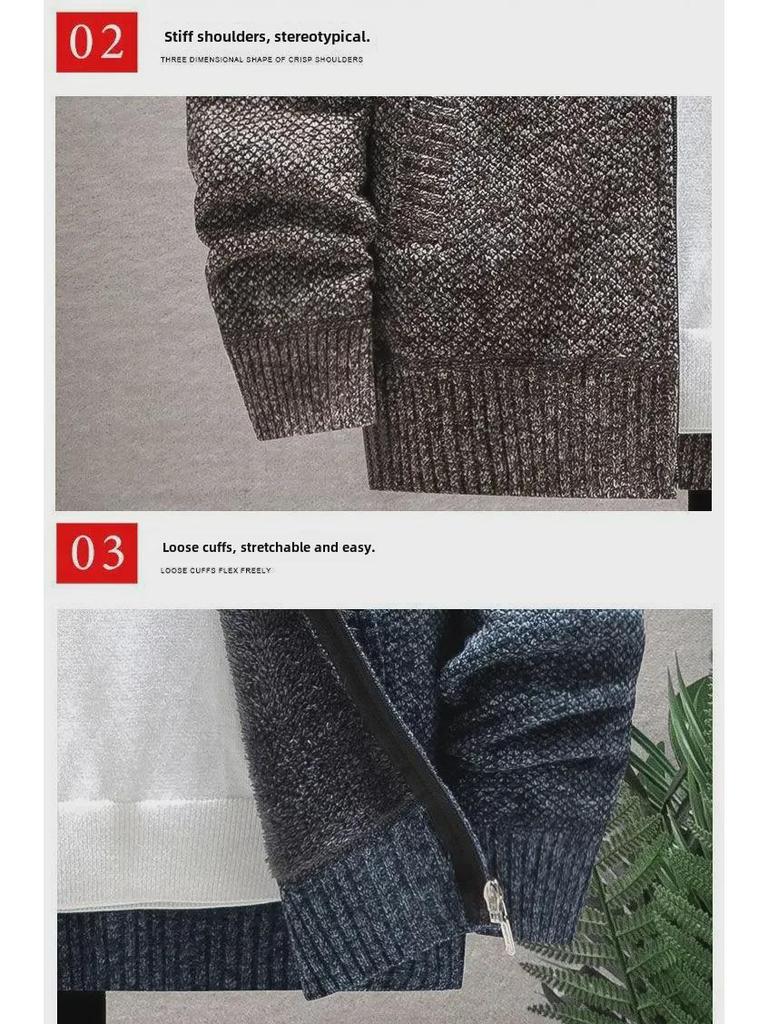 Мужской толстый плюшевый свитер-кардиган с капюшоном и воротником-стойкой на осень/зиму