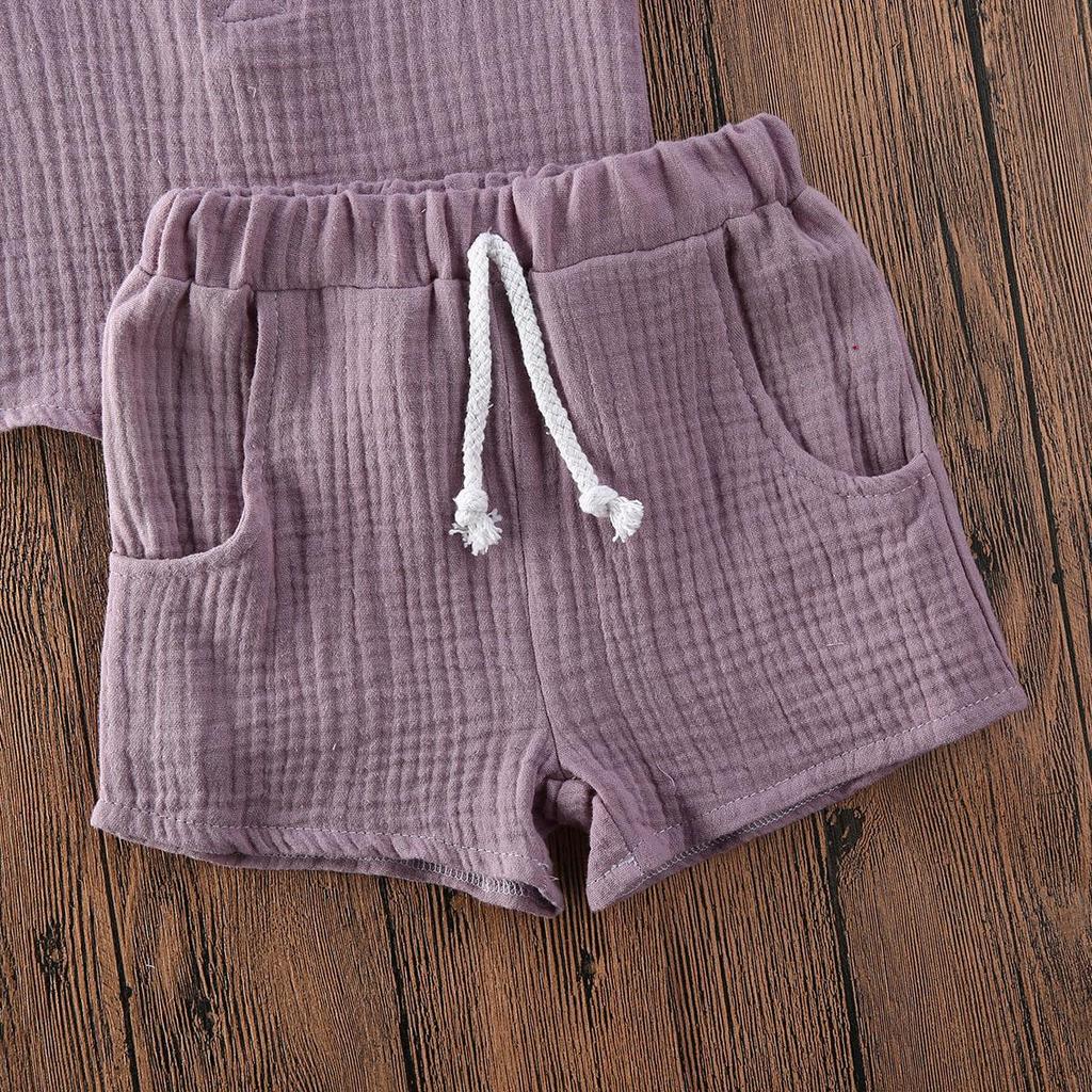 Baby Cute Shorts Set Solid Color Style Round Neck Short Sleeve Button Closure Top Breathable Elastic Breeches Suit