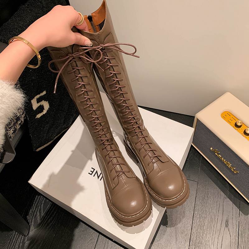 Krazing Pot Осенне-зимняя обувь из натуральной кожи, конные сапоги на среднем каблуке в европейском дизайне, женские теплые сапоги до бедра